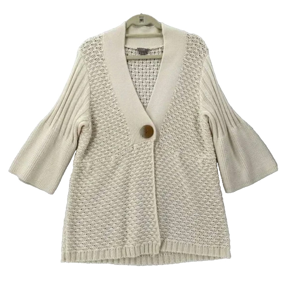J. JILL One Button SWEATER CARDIGAN Ivory Chunky BELL SLEEVES w/Wool & Alpaca L